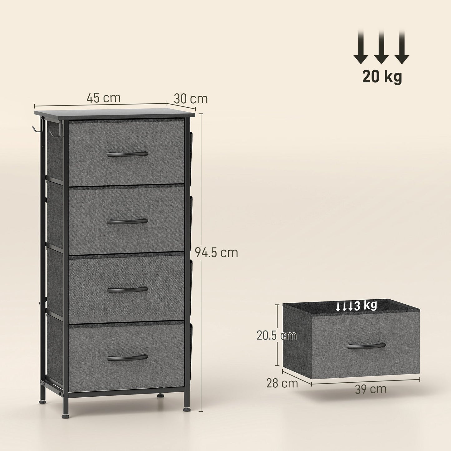 HOMCOM Chest of Four Fabric Drawers - Charcoal Grey
