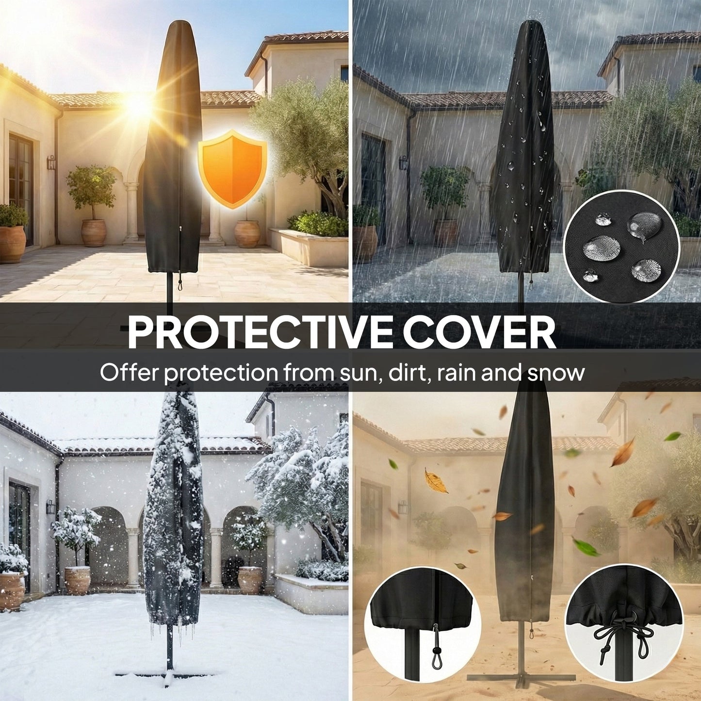 Outsunny 3 m Garden Cantilever Parasol with LED Solar Light, Round Overhanging Umbrella with 360° Rotation, Cover, Navy Blue