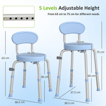 HOMCOM 360° Swivel Shower Stool with Aluminium Frame, 5-Level Adjustable Height, Backrest, Non-Slip Shower Chair for Elderly
