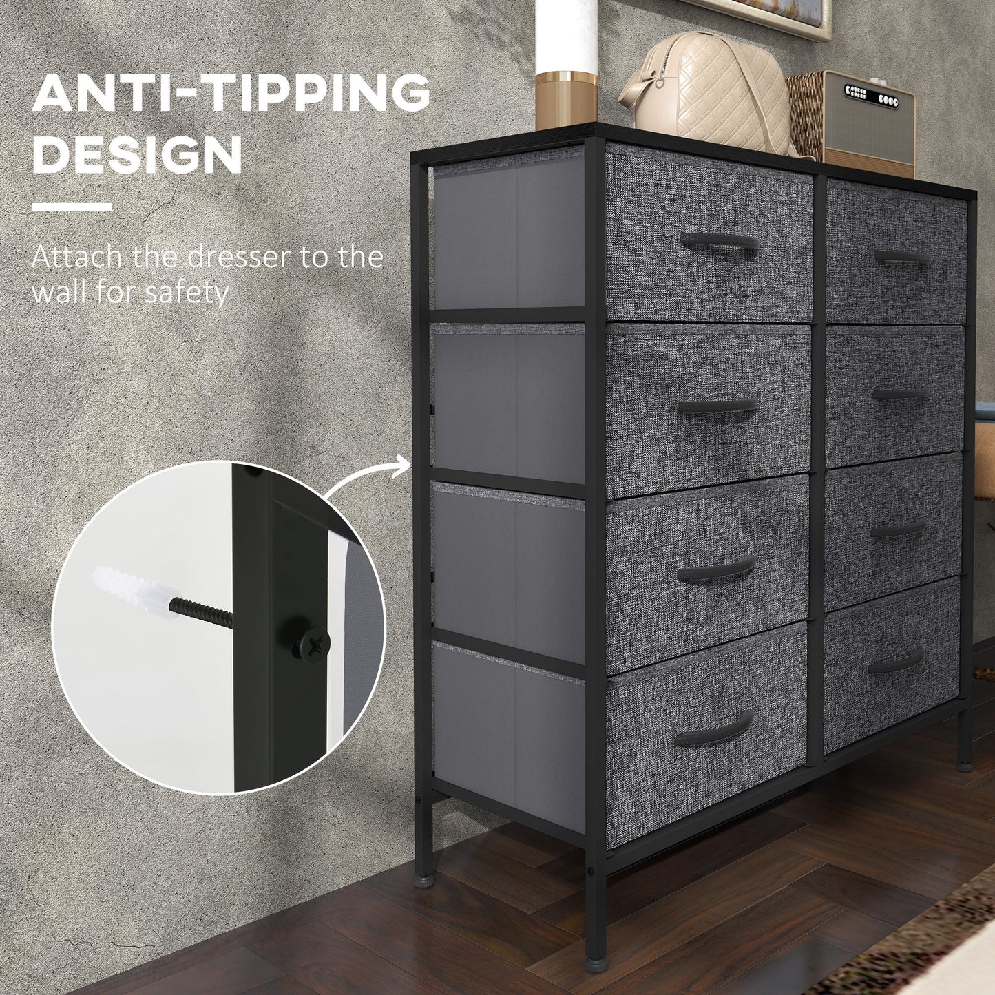 HOMCOM Fabric Chest of Drawers, Storage Drawers, Industrial Bedroom Dresser with 8 Fabric Drawers, Steel Frame and Wooden Top for Nursery, Living Room, Hallway, Black