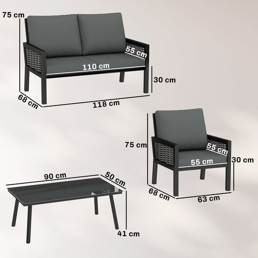 Outsunny 4 Seater Rattan Garden Furniture Set with 2 Armchairs, Loveseat, Coffee Table, Garden Sofa Set with Cushions, Dark Grey