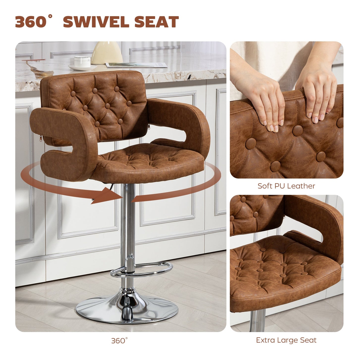 HOMCOM PU Leather Upholstered Swivel Bar Stool, Height Adjustable with Back, Armrest, Footrest, Brown