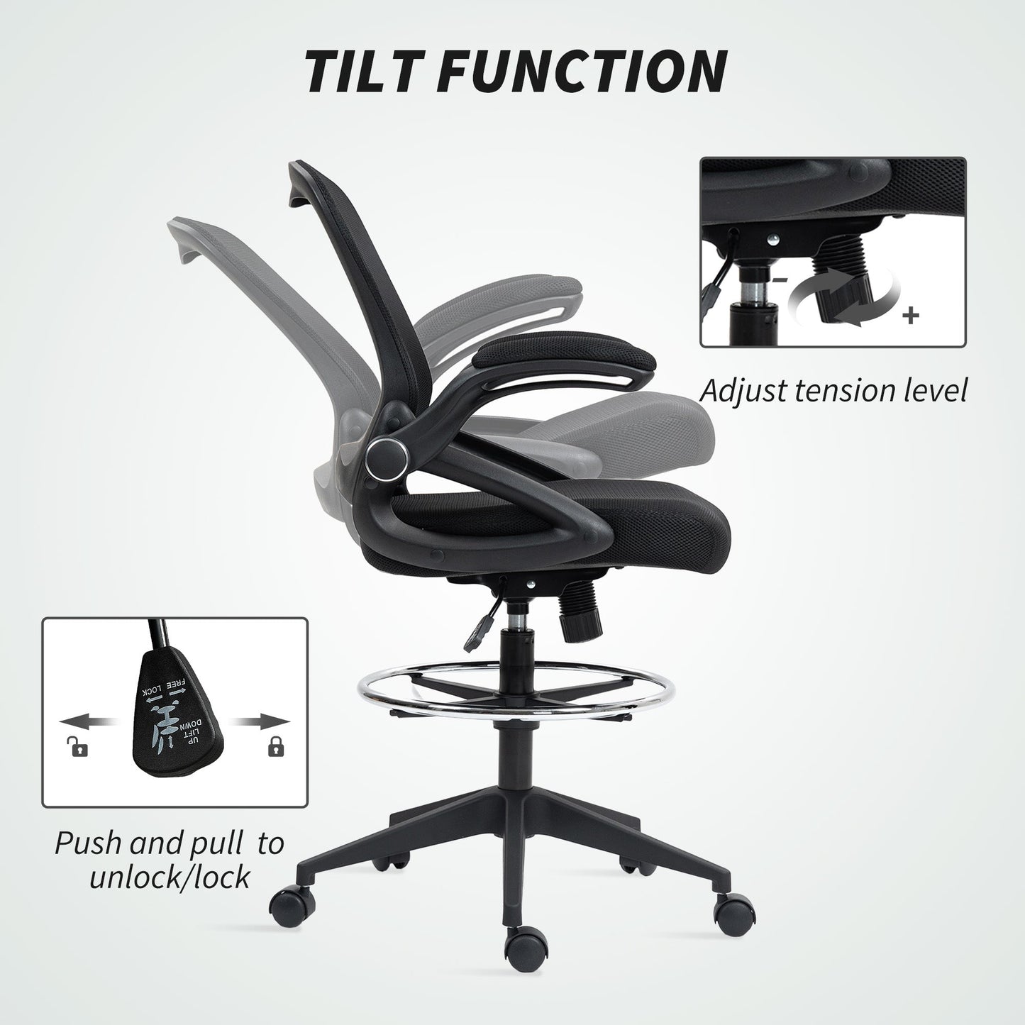 Vinsetto Drafting Chair with Flip-up Armrest, Mesh Office Stool with Foot Ring, 360° Swivel Height Adjustable Chair for Standing Desk, Black