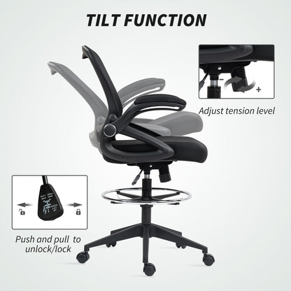 Vinsetto Drafting Chair with Flip-up Armrest, Mesh Office Stool with Foot Ring, 360° Swivel Height Adjustable Chair for Standing Desk, Black