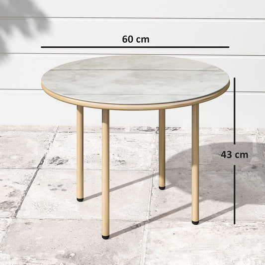 Outsunny Round Small Garden Table, 60cm Outdoor Side Table with Faux Marble Tempered Glass Top, Steel Frame for Garden Patio Balcony, Beige