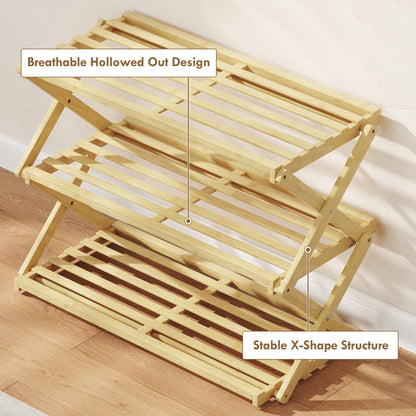 HOMCOM Three-Tier Folding Bamboo Shoe Rack - Natural Finish