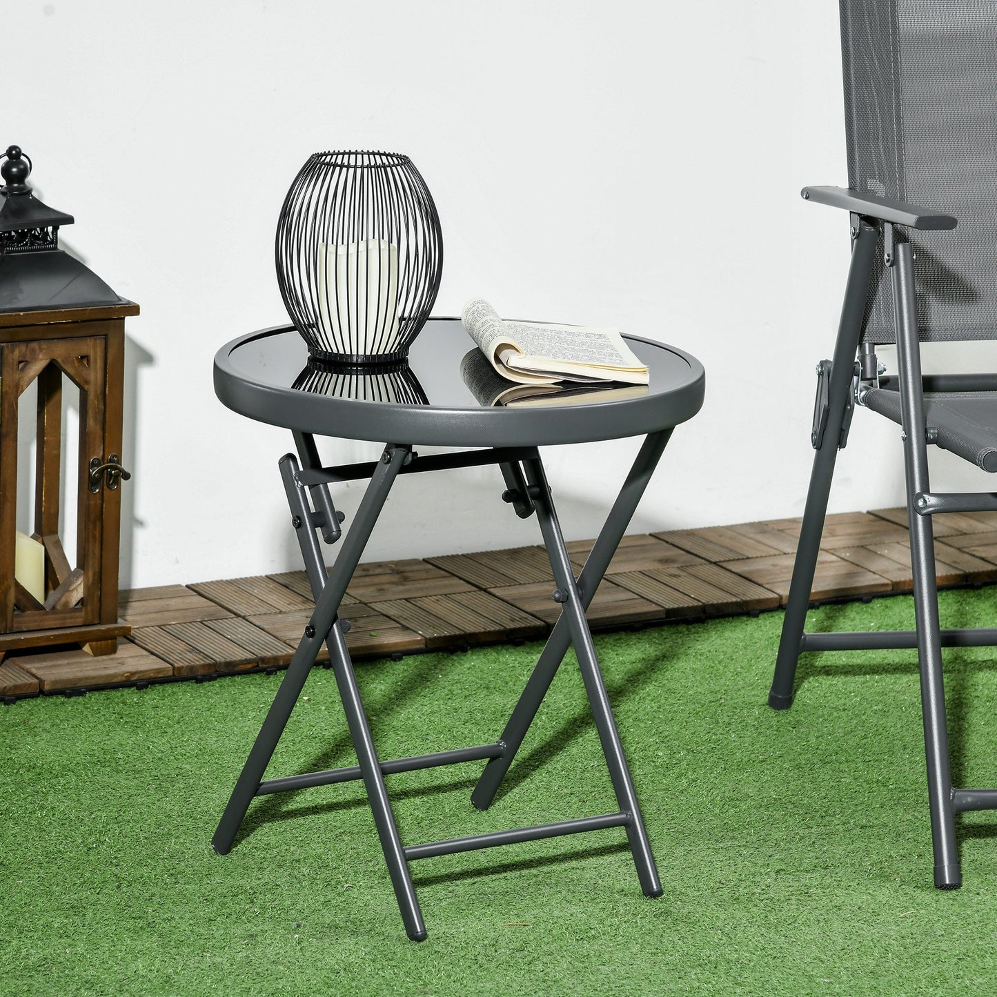 Outsunny \'ce\'a645cm Garden Side Table, Outdoor Round Folding Patio Table with Imitation Marble Glass Top, Small Coffee Table, Black