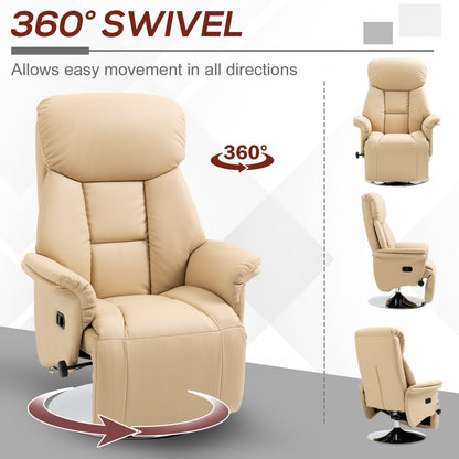 HOMCOM Adjustable Swivel Recliner, Manual Recliner Chair with Footrest, Padded Arms, PU Leather Upholstery, Beige