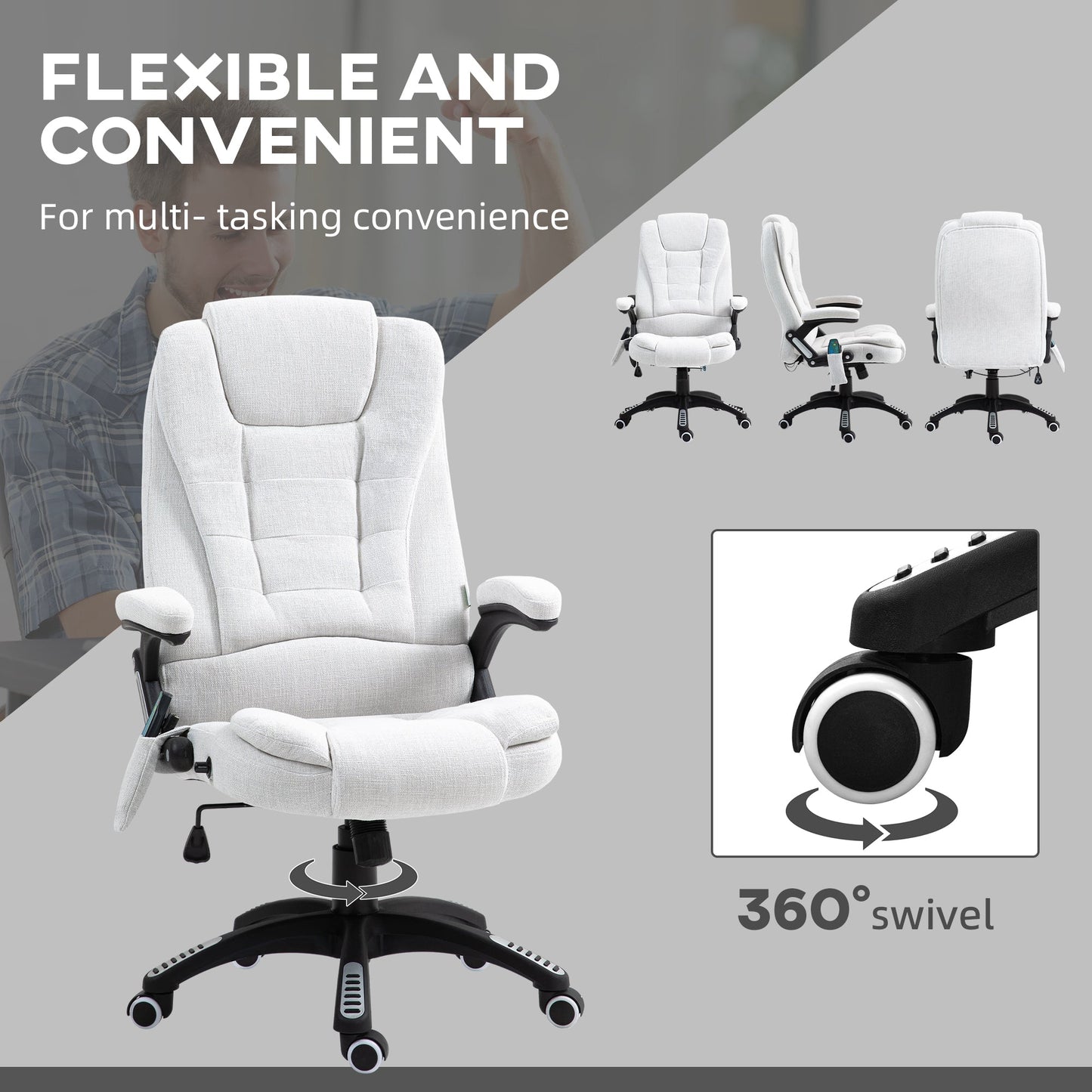 Vinsetto Massage Recliner Chair Heated Office Chair with Six Massage Points Linen-Feel Fabric 360\'c2\'b0 Swivel Wheels Cream White