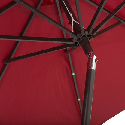 Outsunny Φ2.7m Garden 24 LED Light Parasol Solar Outdoor Tilt Sun Umbrella Patio Club Party Event Manual Sun Shade w/ Hand Crank and 8 Ribs, Red