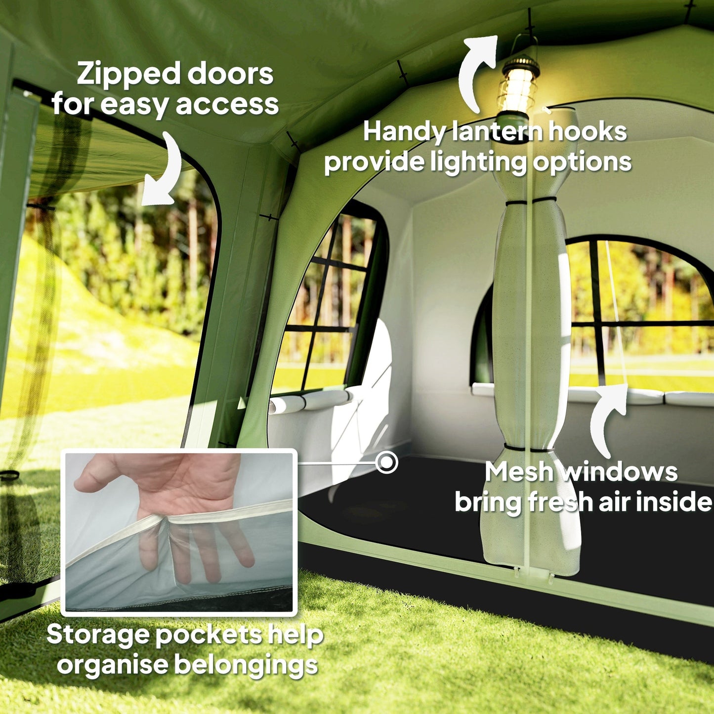 Outsunny 3-4 Man Tunnel Tent, Family Camping Tent with Porch, Bedroom and Living Area, Sewn in Groundsheet, 3000mm Waterproof, Portable with Bag for Hiking, Festival, Backpacking, Green