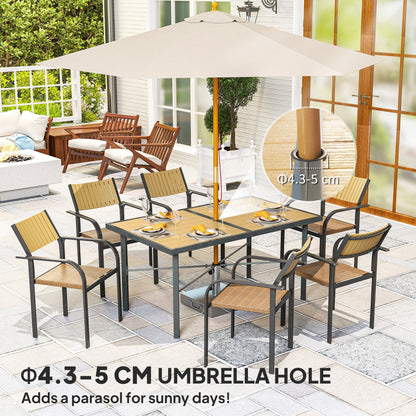 Outsunny Garden Table for 6, Outdoor Dining Table with 5cm Umbrella Hole, Wood Effect Top, Rust Resistant Frame, for Patio, Balcony, Terrace, 150 x 90 cm