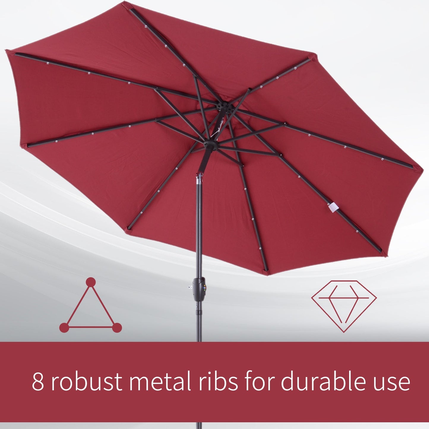 Outsunny Φ2.7m Garden 24 LED Light Parasol Solar Outdoor Tilt Sun Umbrella Patio Club Party Event Manual Sun Shade w/ Hand Crank and 8 Ribs, Red