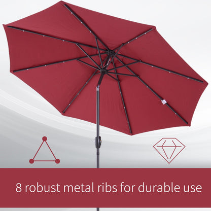 Outsunny Φ2.7m Garden 24 LED Light Parasol Solar Outdoor Tilt Sun Umbrella Patio Club Party Event Manual Sun Shade w/ Hand Crank and 8 Ribs, Red