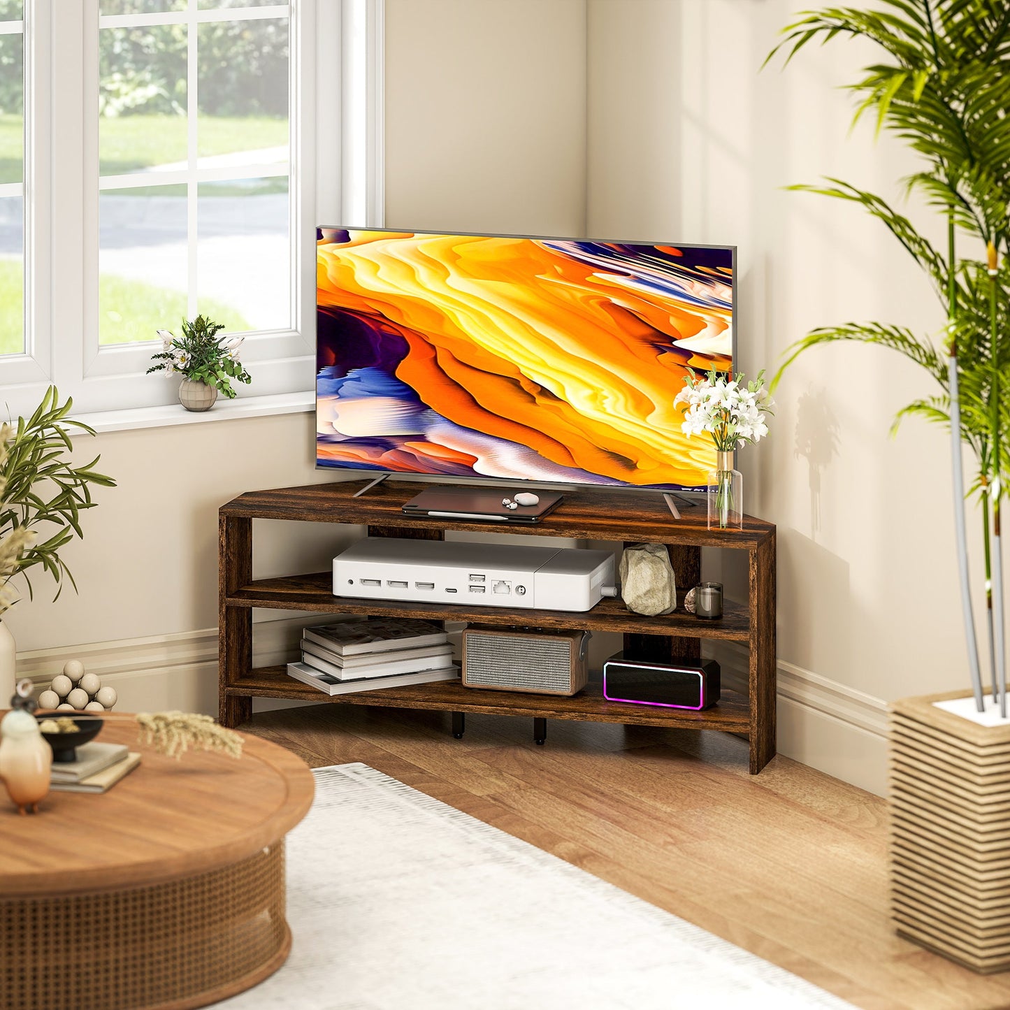 HOMCOM Corner TV Stand with 2 Open Shelves for 47 Inch TV - Rustic Brown