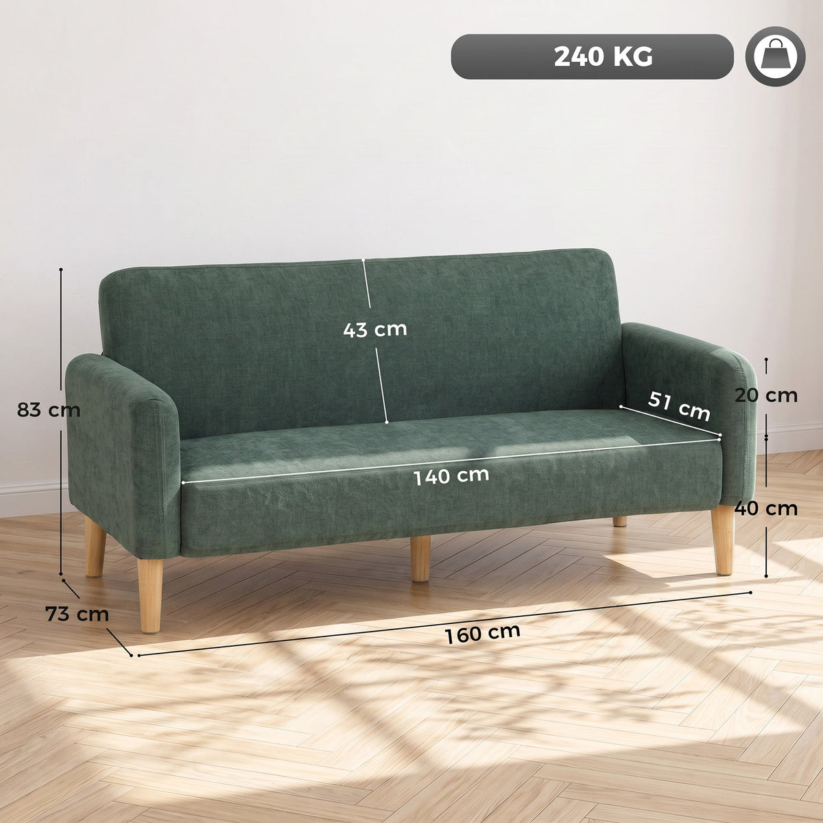 HOMCOM 2 Seater Sofa, Velvet Small Couch with 20cm Thick Padding, Wide and Deep Seat, Dark Green