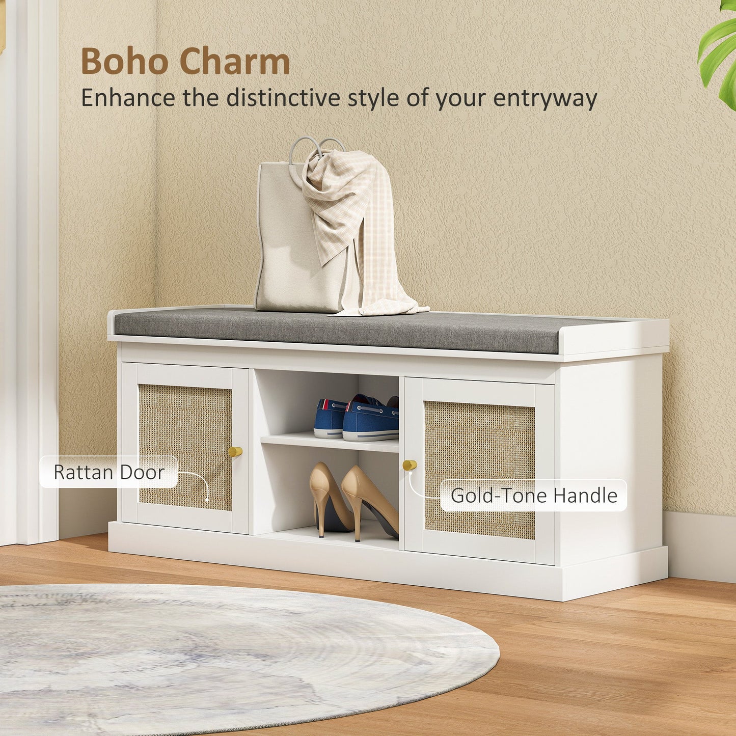 HOMCOM Boho Shoe Storage Bench with Padded Cushion and Rattan Doors - White