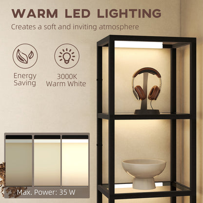 HOMCOM LED Floor Lamp with Glass Shelves, 4 Layers Dimmable Tall Standing Lamp, Modern Column Shelf Floor Light for Living Room, Bedroom, Office, Black