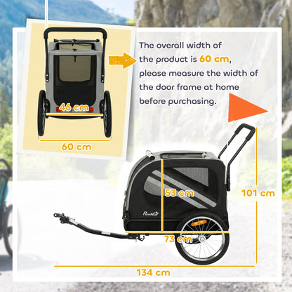 PawHut 2-In-1 Pet Bike Trailer Dog Stroller Pushchair with Universal Wheel Reflector Flag Grey