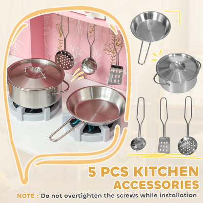 AIYAPLAY Play Kitchen, Kids Kitchen Set with Lights and Sounds, Double Stoves, Ice Maker, Chalkboard for 3+ Years - Pink
