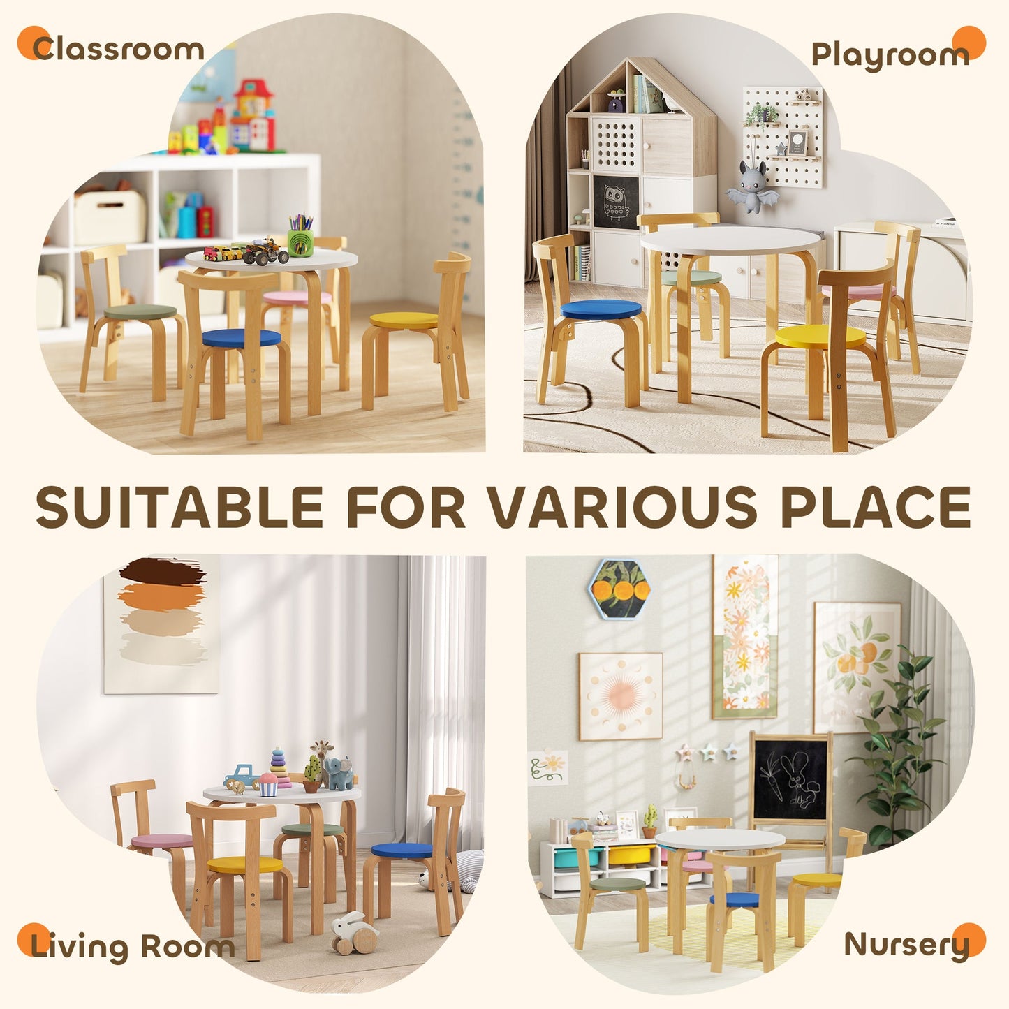 AIYAPLAY 5 Piece Kids Table and Chairs Set, Wooden Toddler Table and Chairs Set for Nursery, Playroom, Classroom, for 3-8 Years