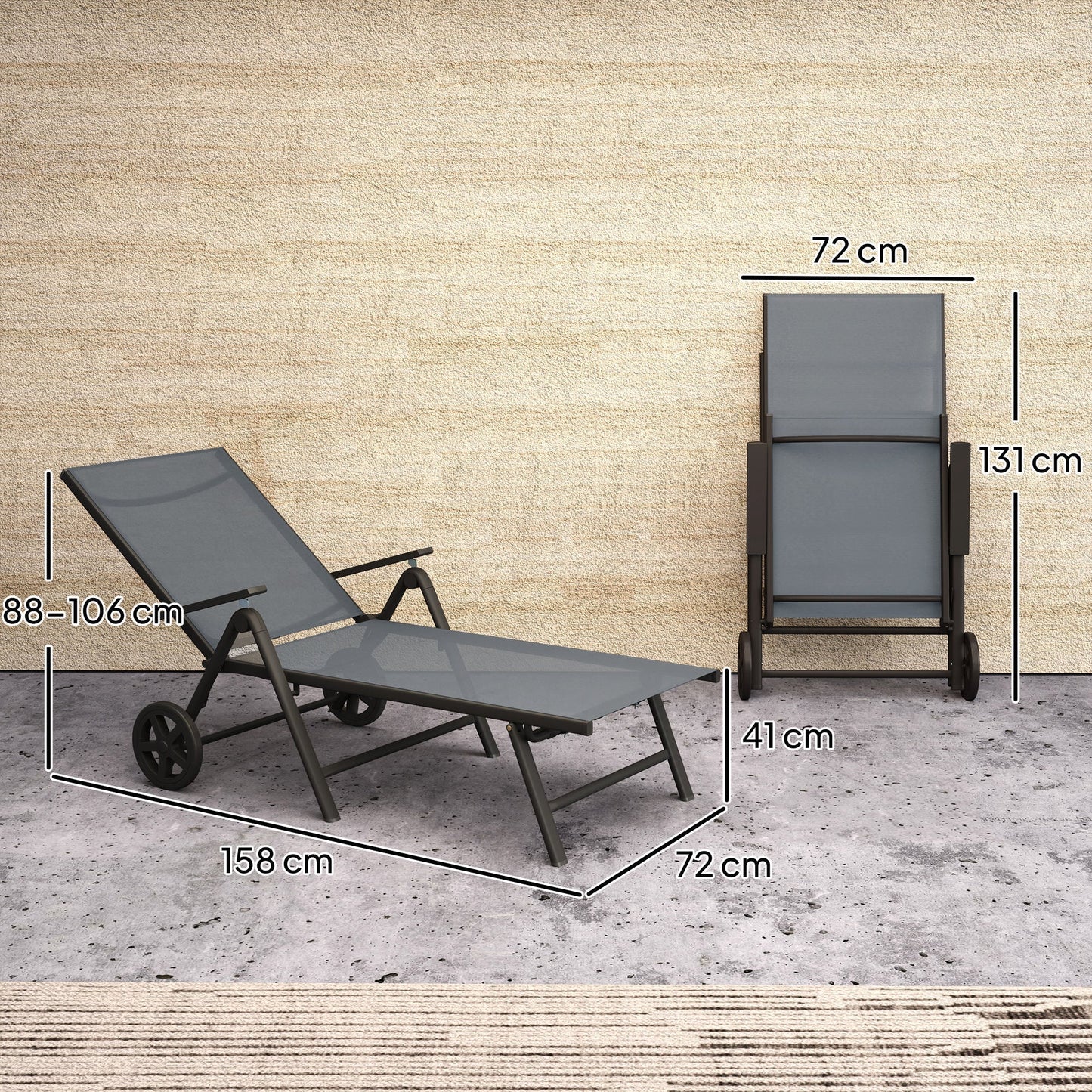 Outsunny Folding Sun Lounger with Wheels, 5-Position Adjustable Garden Chaise Lounge Sunbed with Armrests, Metal Frame Outdoor Portable Reclining Chair for Beach, Porch, Grey