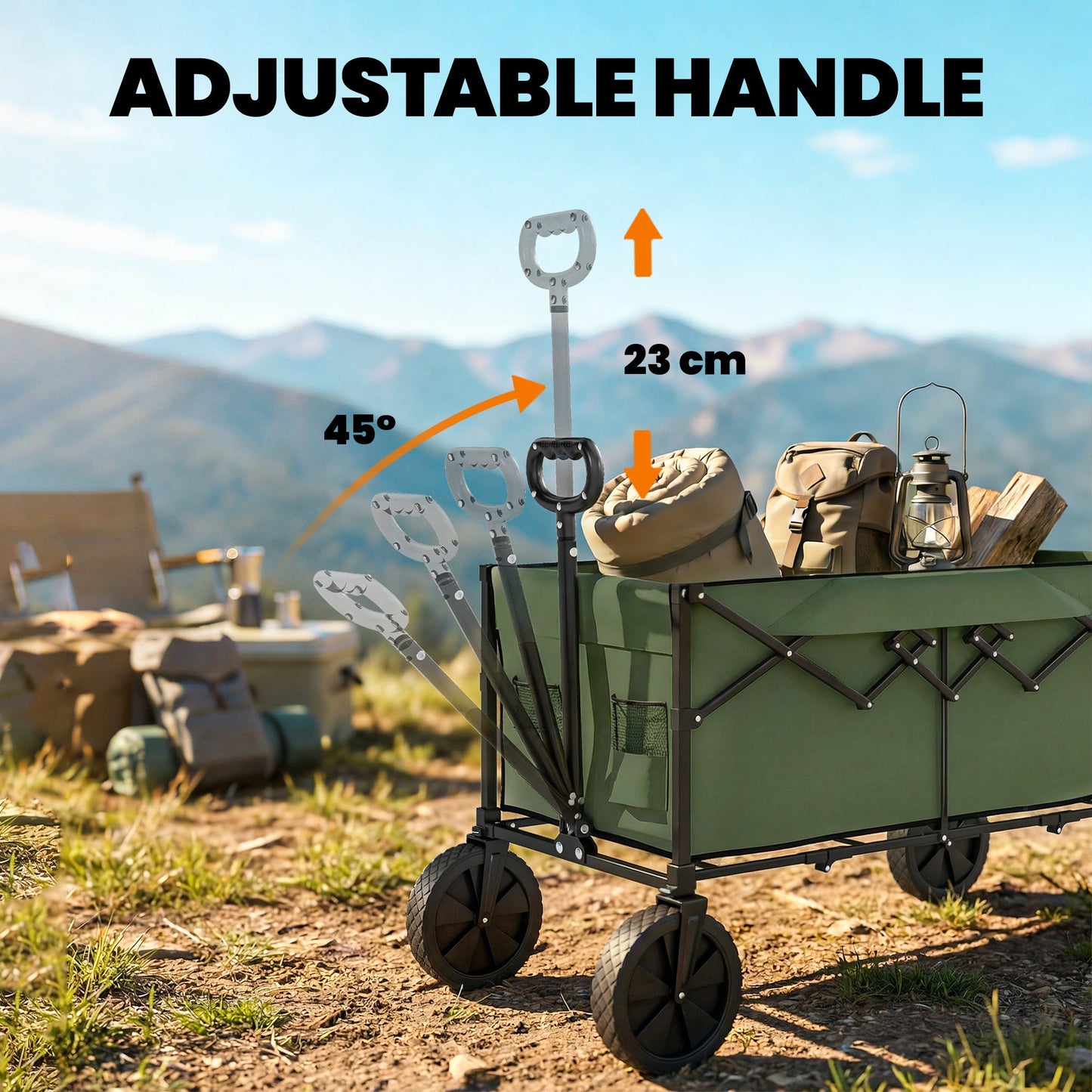 Outsunny 95L Foldable Festival Trolley on Wheels, Collapsible Wagon Cart with Adjustable Handle and 2 Cup Holders, Dark Green