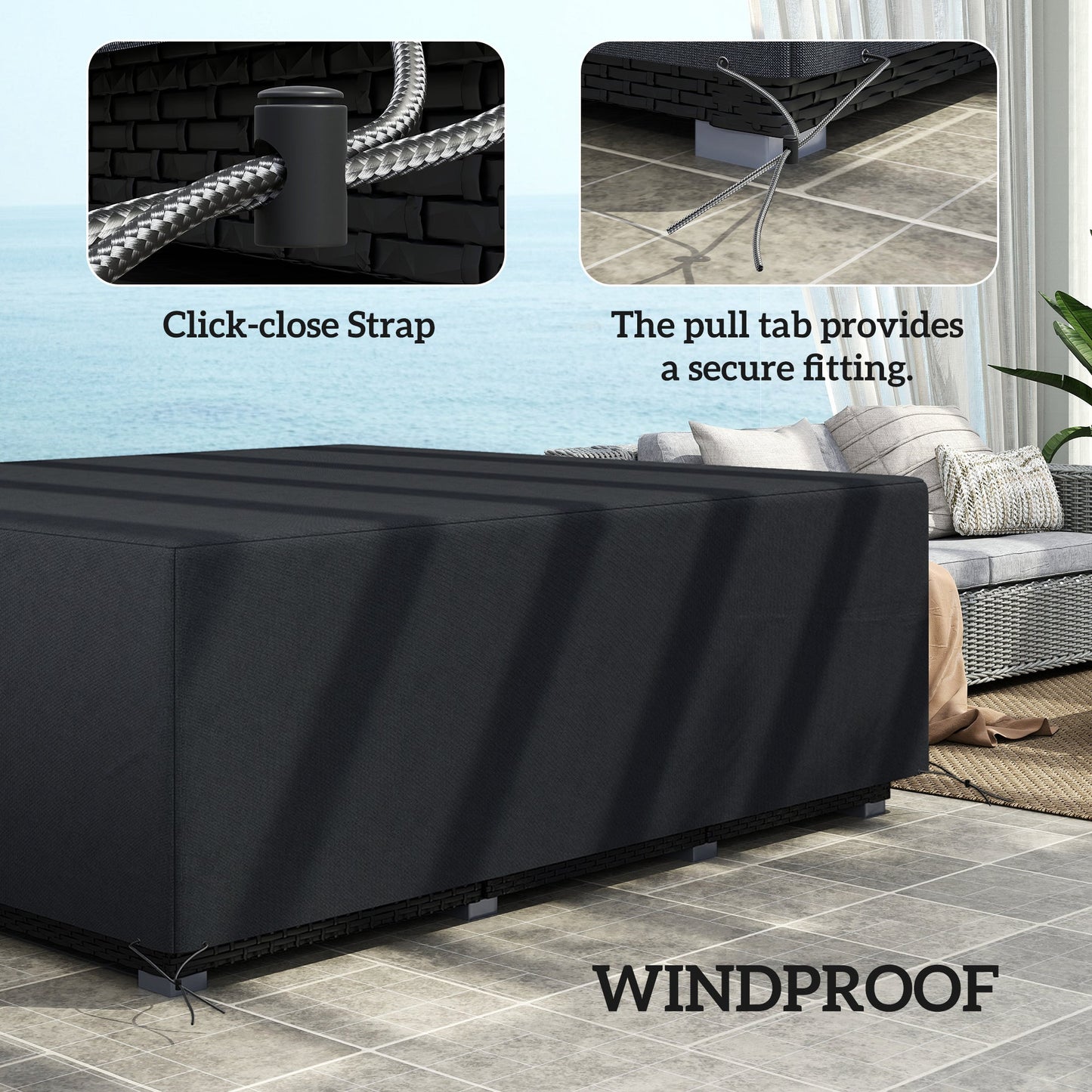 Outsunny 600D Oxford Outdoor Garden Furniture Sofa Set Cover, Waterproof Anti-UV Rattan Sun Lounger Protection Protector Cover, 225L x 210W x 70Hcm, Black