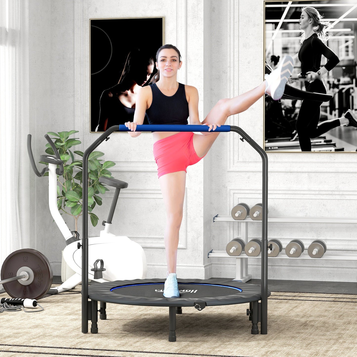 HOMCOM 48" Foldable Mini Fitness Trampoline, with Adjustable Foam Handle, Blue