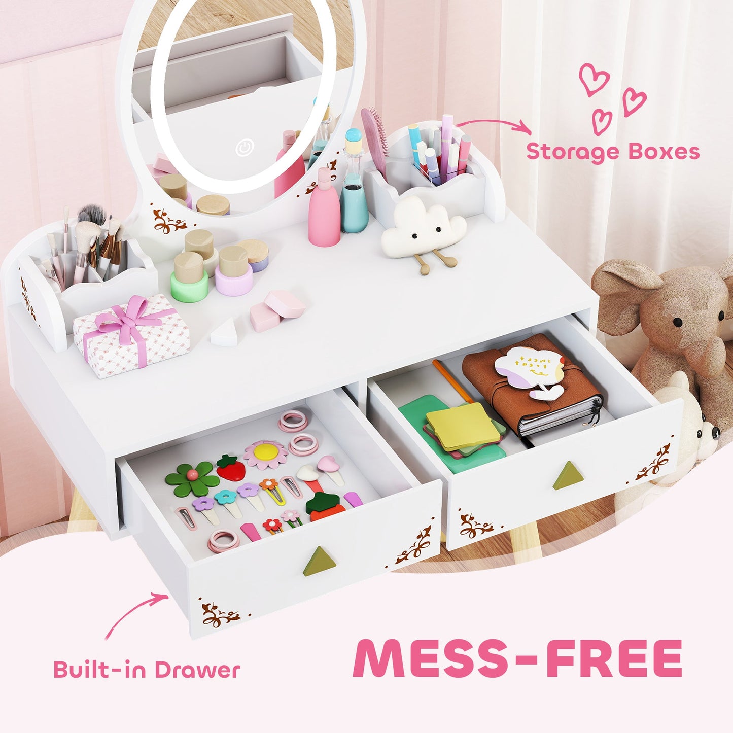 AIYAPLAY Kids Vanity Table and Chair Set with 3-Colour LED Lights Mirror, Drawer, Storage Boxes, for 3+ Years, White
