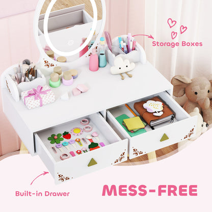 AIYAPLAY Kids Vanity Table and Chair Set with 3-Colour LED Lights Mirror, Drawer, Storage Boxes, for 3+ Years, White