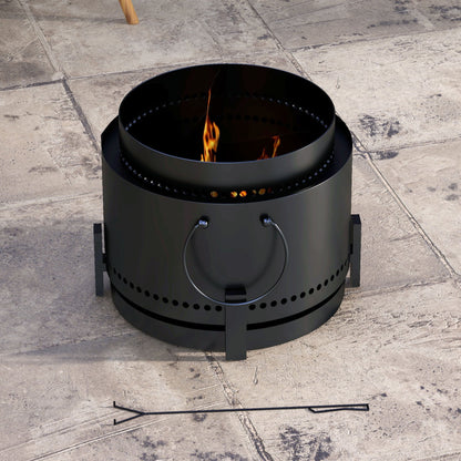 Outsunny Smokeless Fire Pit with Ash Catcher, 37cm Portable Wood Burning Firepit with Poker for Garden Camping Bonfire Party, Metal, Black