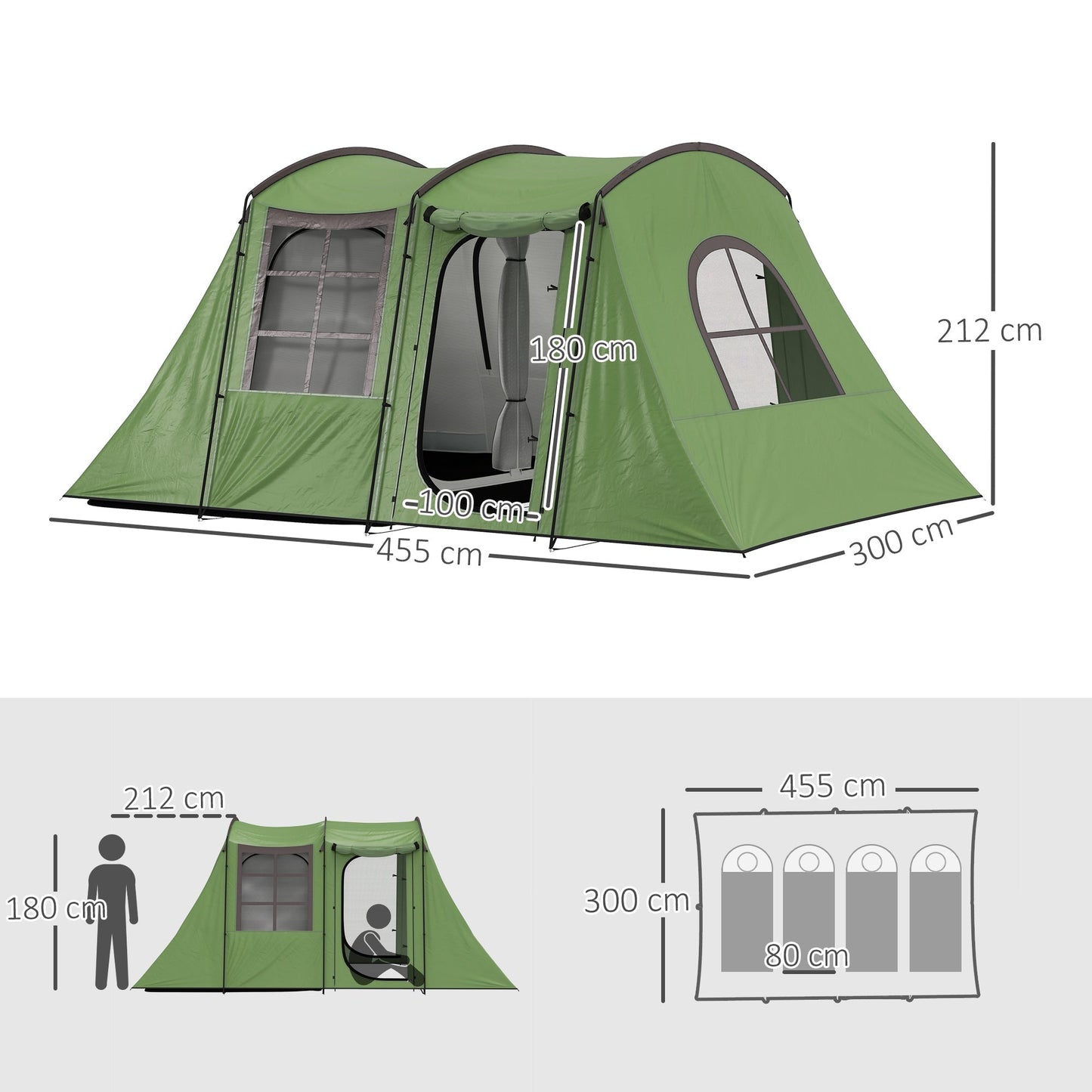 Outsunny 3-4 Man Tunnel Tent, Family Camping Tent with Porch, Bedroom and Living Area, Sewn in Groundsheet, 3000mm Waterproof, Portable with Bag for Hiking, Festival, Backpacking, Green