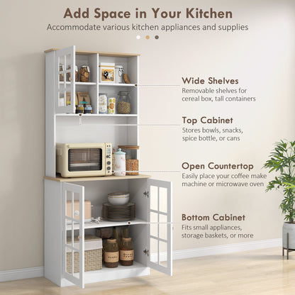 HOMCOM Freestanding Kitchen Cupboard, Storage Cabinet with Doors and Adjustable Shelves, Counter Top, Grid Glass Doors, 80L x 37W x 183H cm - White