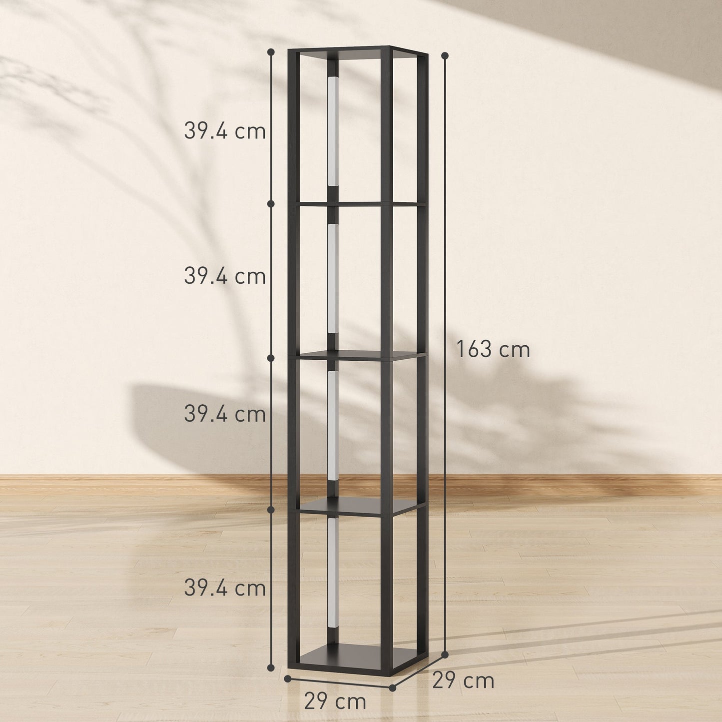 HOMCOM Floor Lamp with Shelves, 4 Layer Dimmable Column Modern Standing Lamp with 3 Brightness Levels and Foot Switch for Living Room, Bedroom, Office, Black