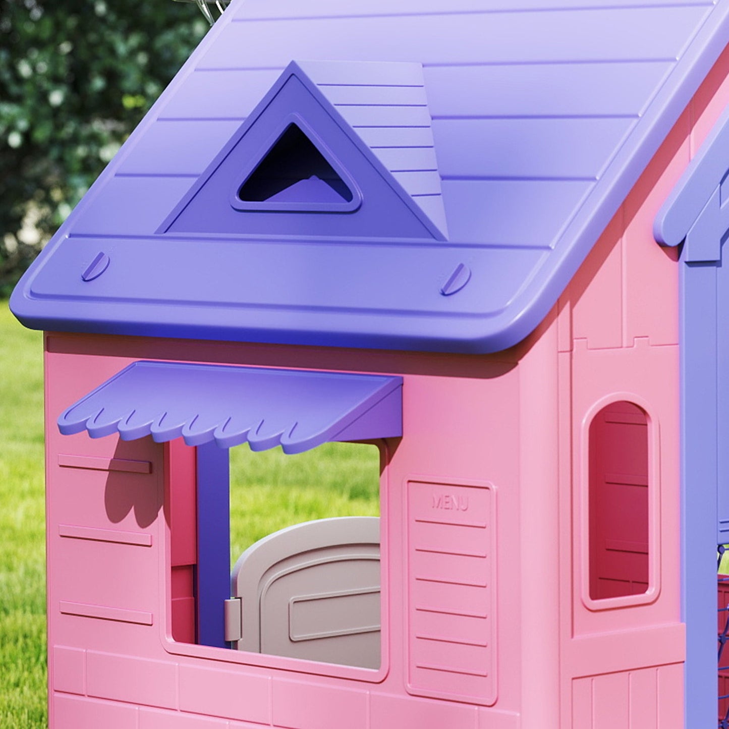 AIYAPLAY 5-in-1 Playhouse for Kids Outdoor Indoor with Basketball Hoop, Football Goal, Dartboard, Ring Toss for 2-5 Years, Pink
