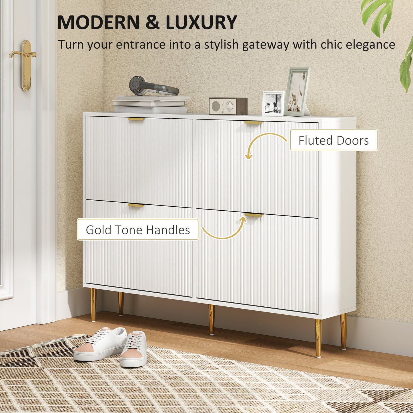 HOMCOM Narrow Shoe Cabinet with 4 Flip Drawers - White