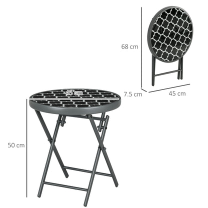 Outsunny \'ce\'a645cm Garden Side Table, Outdoor Round Folding Patio Table with Imitation Marble Glass Top, Small Coffee Table, Black and White