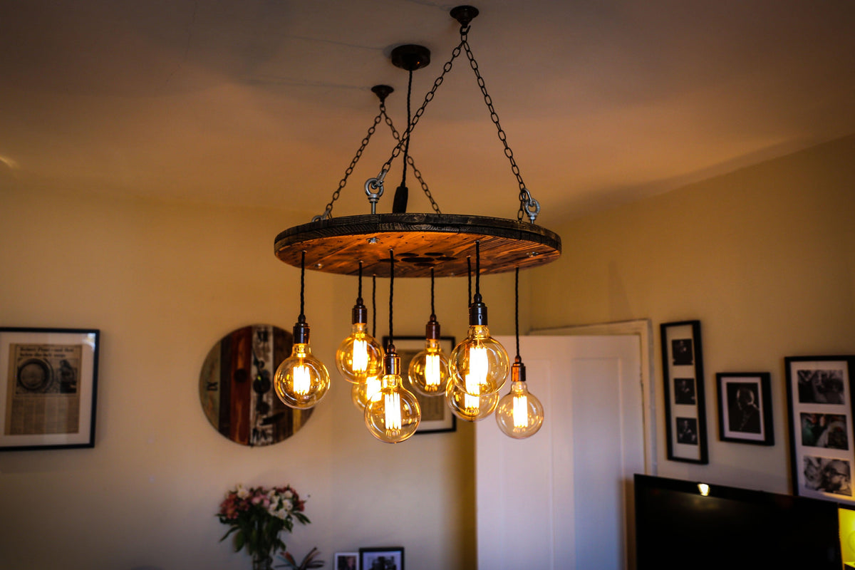 Cable Reel Cluster Chandelier | Rustic Stairwell & High Ceiling Lighting UK