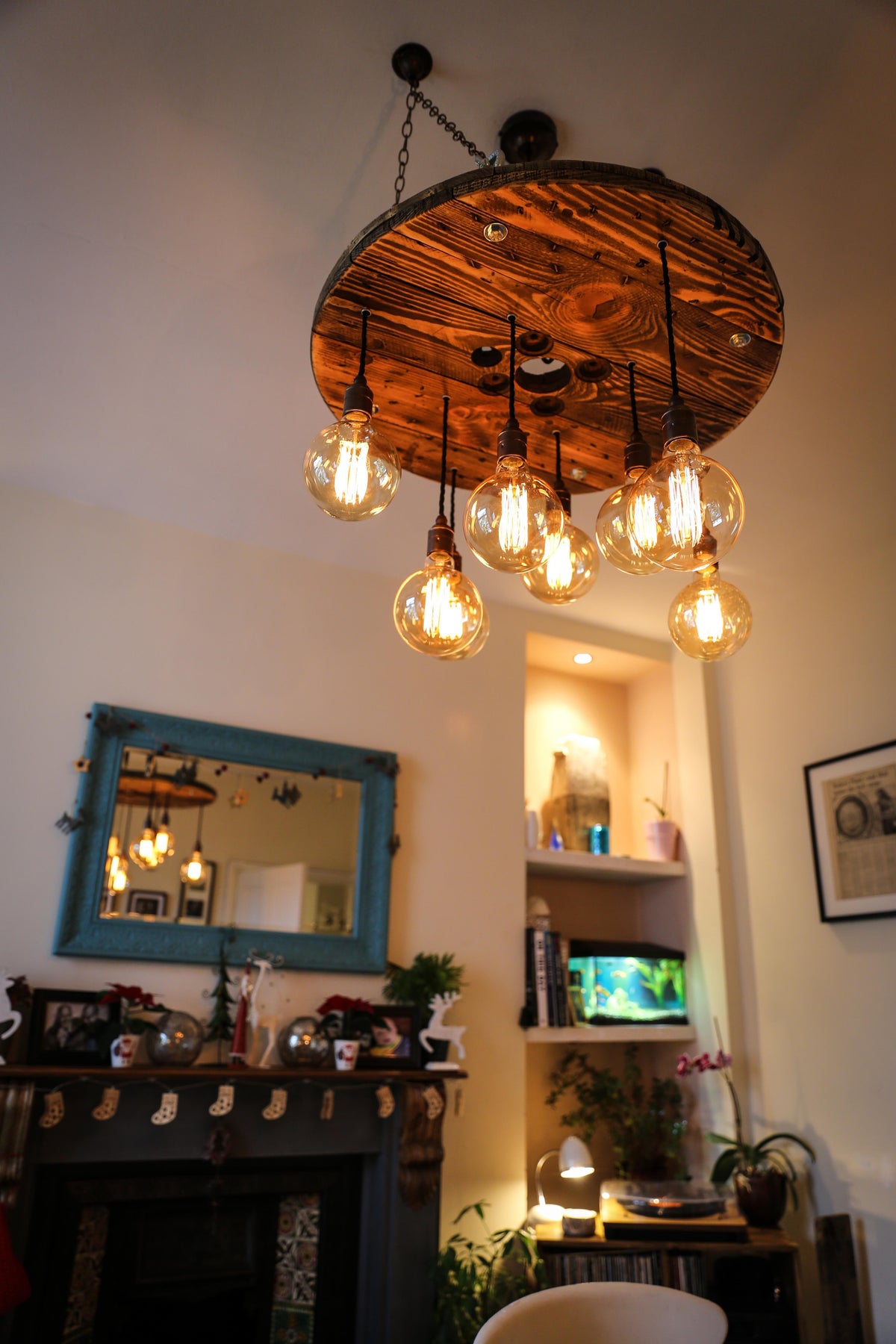 Cable Reel Cluster Chandelier | Rustic Stairwell & High Ceiling Lighting UK