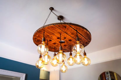 Cable Reel Cluster Chandelier | Rustic Stairwell & High Ceiling Lighting UK