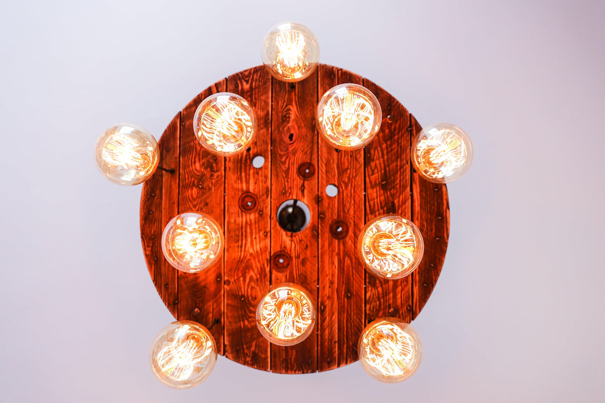 Cable Reel Cluster Chandelier | Rustic Stairwell & High Ceiling Lighting UK