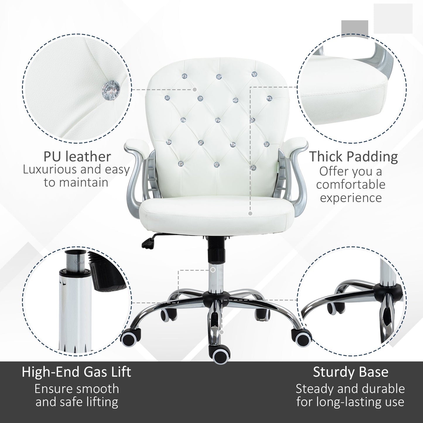 Vinsetto Office Chair Ergonomic 360\'c2\'b0 Swivel PU Diamante Padded Base 5 Castor Wheels for Home Work White