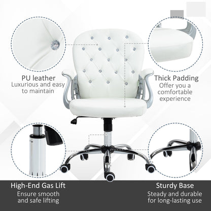 Vinsetto Office Chair Ergonomic 360\'c2\'b0 Swivel PU Diamante Padded Base 5 Castor Wheels for Home Work White