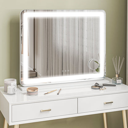 HOMCOM Vanity Mirror with Lights, Large Lighted Makeup Mirror with 3 Colour Lighting Modes, 10X Magnifying, USB Charging Port, Touch Screen, Tabletop or Wall Mounted Design for Bedroom, White