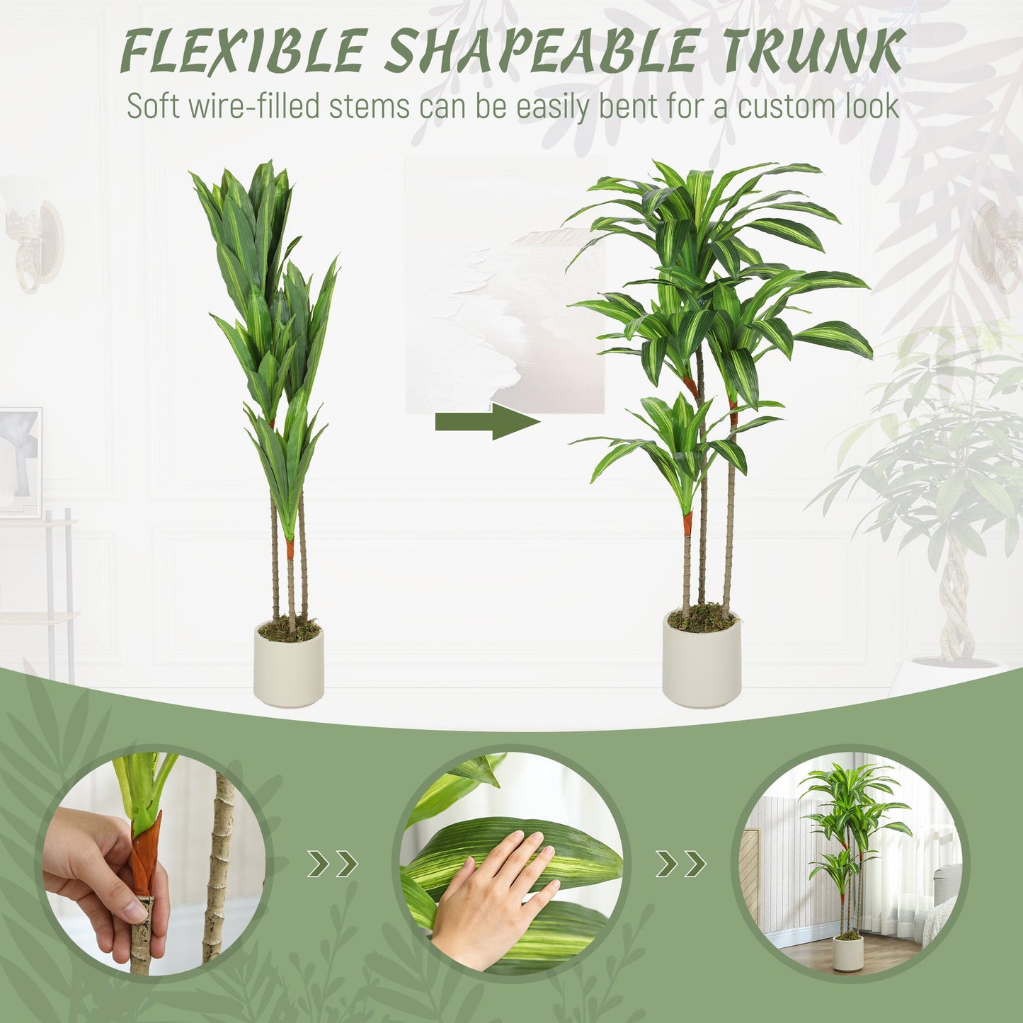 HOMCOM 120cm Artificial Dracaena Tree with Bendable Trunks - Green
