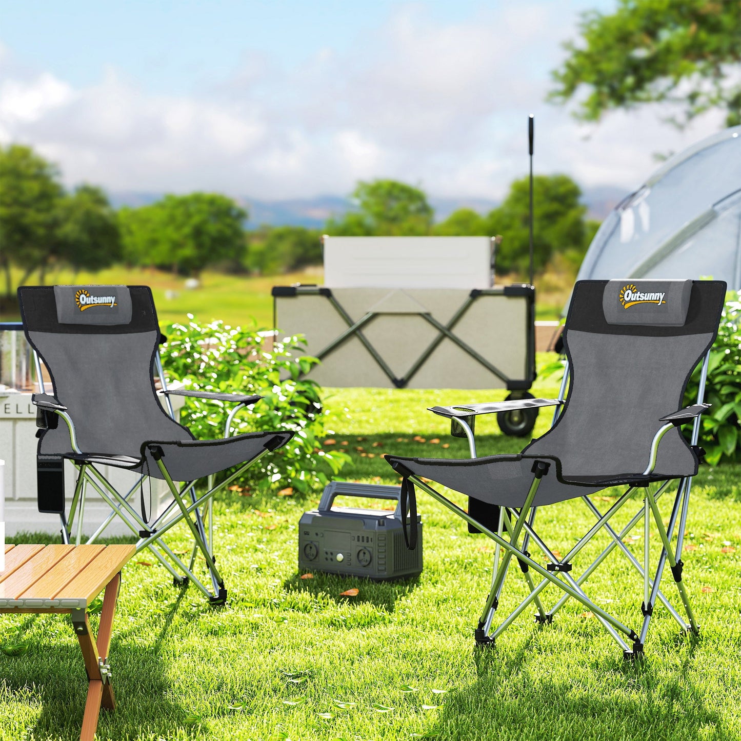 Outsunny Set of 2 Reclining Folding Camping Chair w/ Detachable Footrest, Storage Bag, Cup Holder & Headrest, Lightweight Portable Camp Chair for Beach, Picnic, Grey and Black
