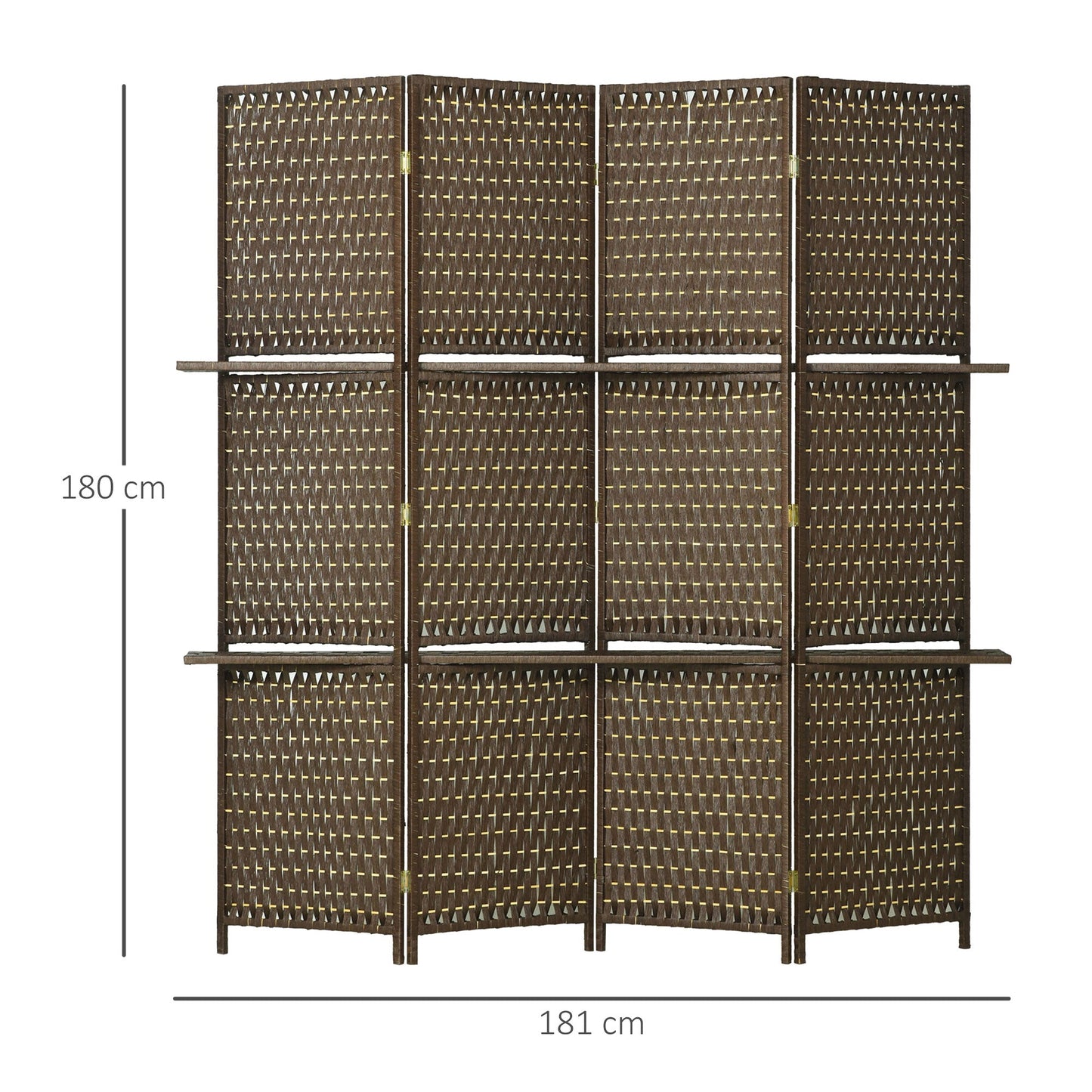 HOMCOM 4-Panel Room Dividers with Shelves, Wave Fibre Freestanding Folding Privacy Screen Panels, Partition Wall Divider for Indoor Bedroom Office, 180\'c2\'a0cm, Brown