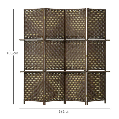 HOMCOM 4-Panel Room Dividers with Shelves, Wave Fibre Freestanding Folding Privacy Screen Panels, Partition Wall Divider for Indoor Bedroom Office, 180\'c2\'a0cm, Brown