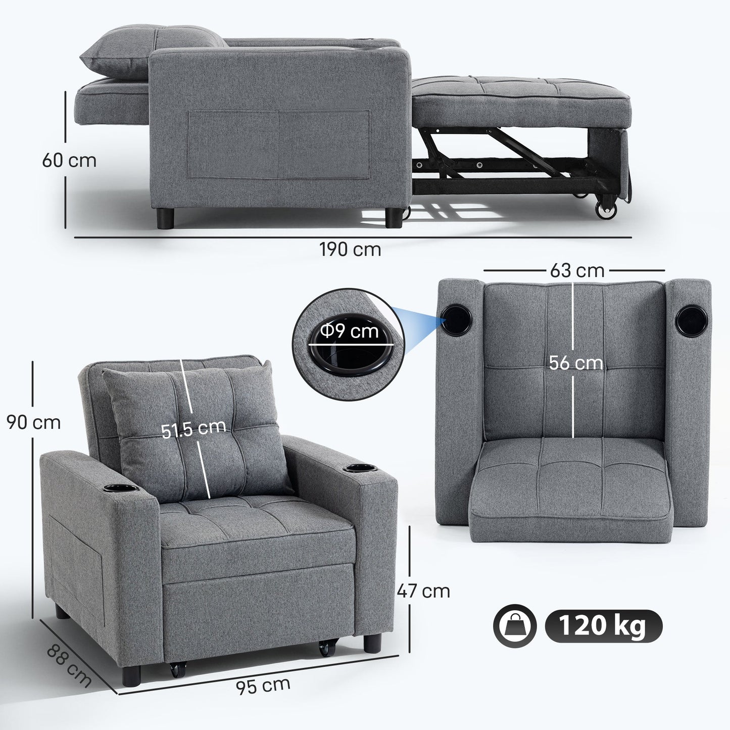 HOMCOM 3-in-1 Single Sofa Bed, Convertible Sleeper Chair Bed - Dark Grey